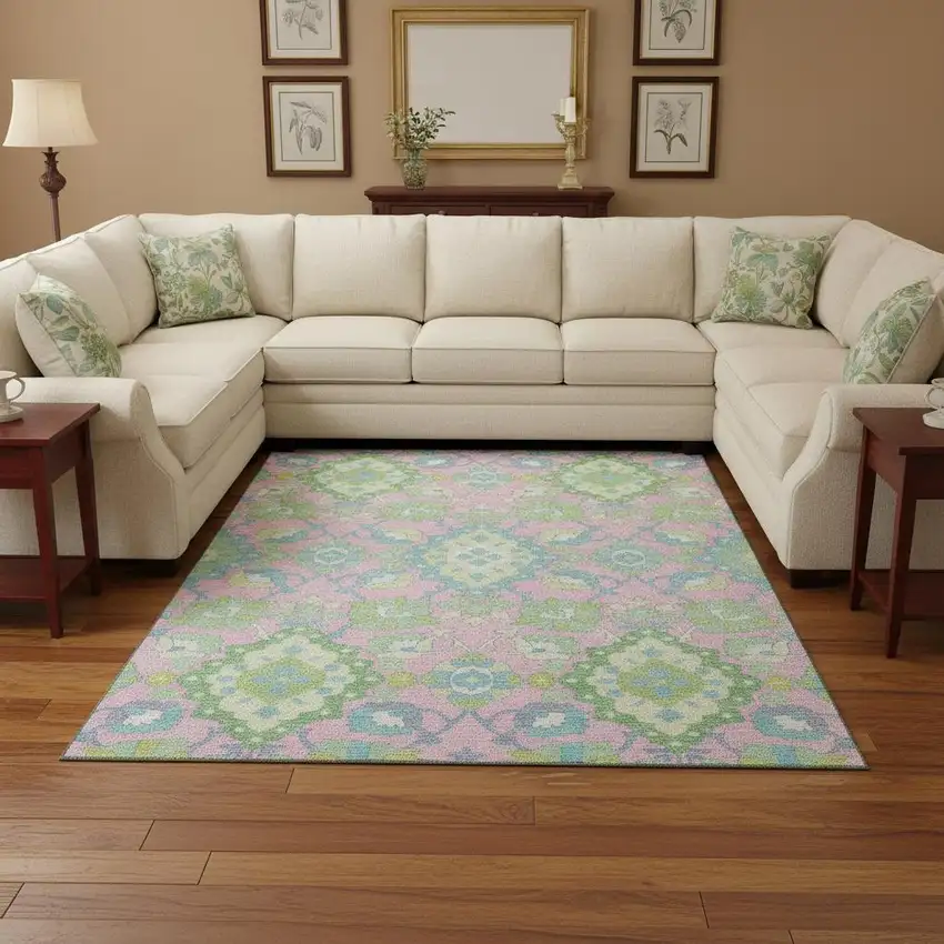 Pink Teal And Lime Green Oriental Washable Area Rug With UV Protection Photo 2