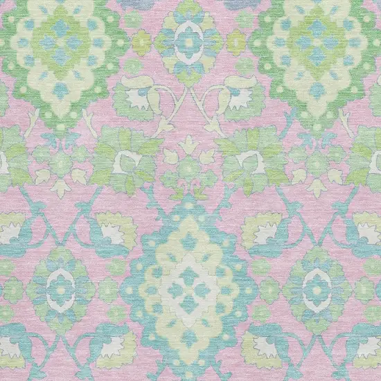 Pink Teal And Lime Green Oriental Washable Area Rug With UV Protection Photo 2