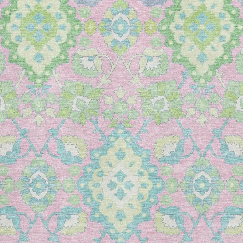 Pink Teal And Lime Green Oriental Washable Area Rug With UV Protection Photo 2