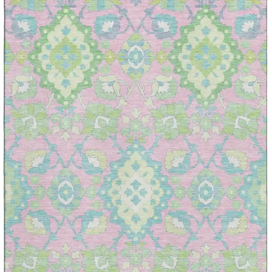 Pink Teal And Lime Green Oriental Washable Area Rug With UV Protection Photo 3