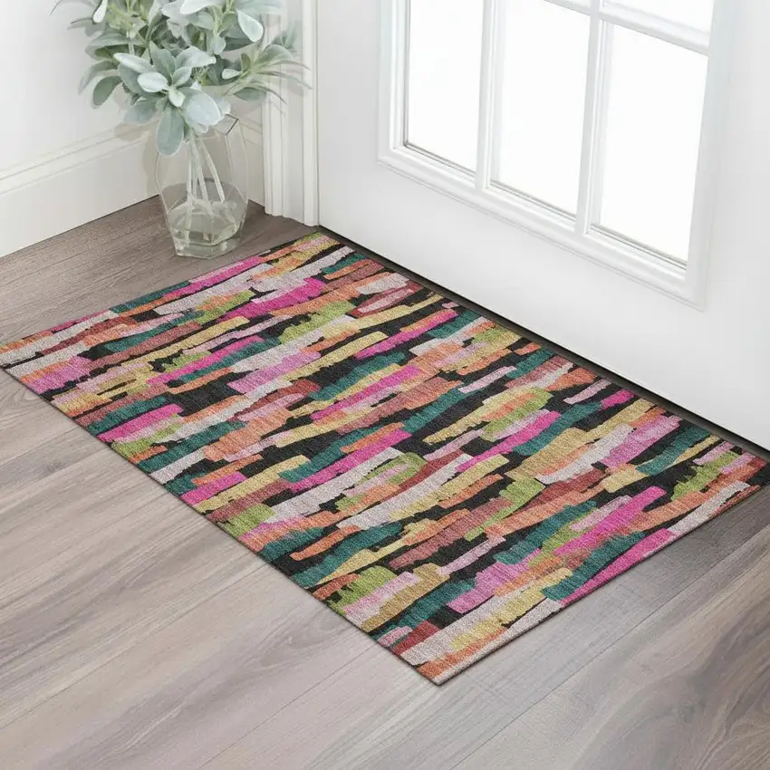 Pink Teal And Orange Striped Washable Area Rug With UV Protection Photo 2