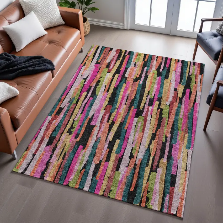 Pink Teal And Orange Striped Washable Area Rug With UV Protection Photo 5