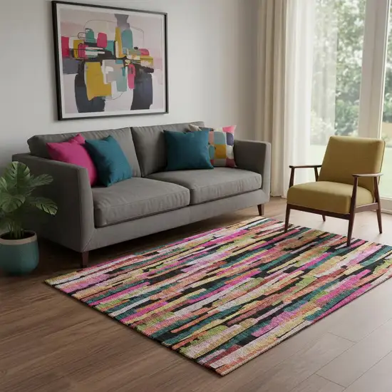 Pink Teal And Orange Striped Washable Area Rug With UV Protection Photo 2