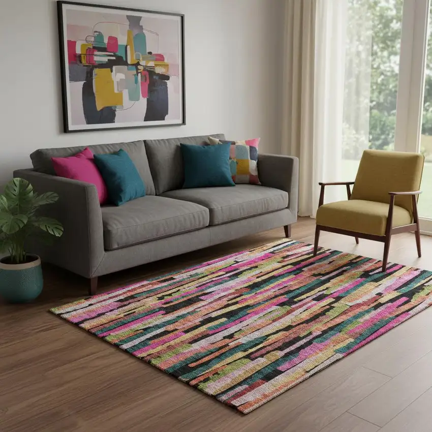 Pink Teal And Orange Striped Washable Area Rug With UV Protection Photo 2