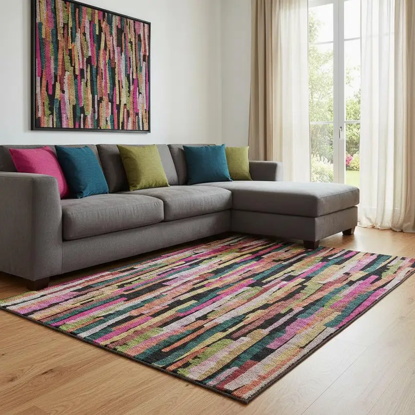 Pink Teal And Orange Striped Washable Area Rug With UV Protection Photo 2