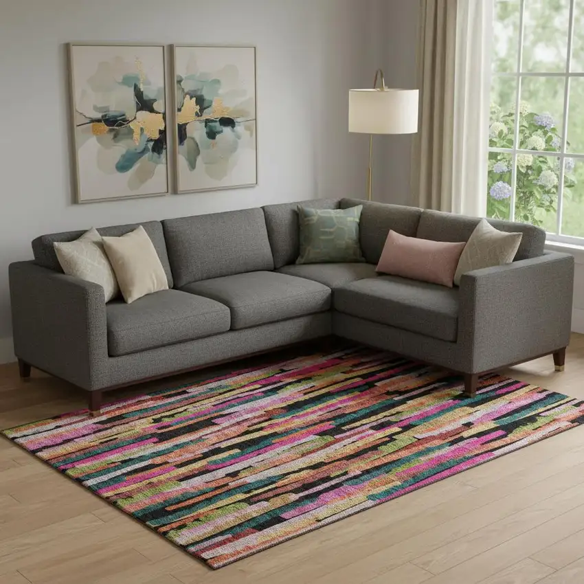 Pink Teal And Orange Striped Washable Area Rug With UV Protection Photo 2