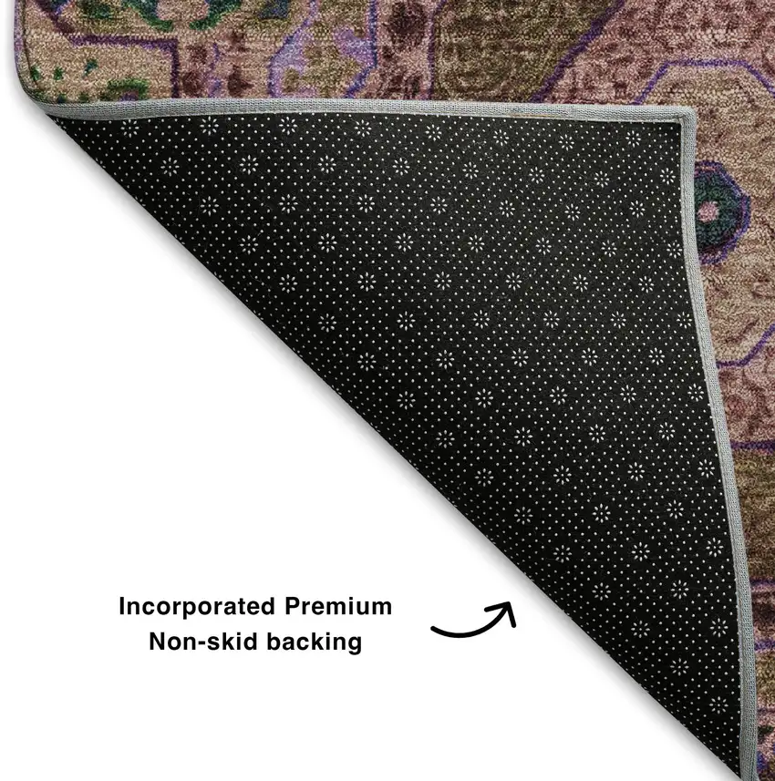 Pink Teal And Taupe Medallion Washable Area Rug With UV Protection Photo 7