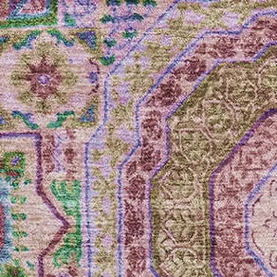 Pink Teal And Taupe Medallion Washable Area Rug With UV Protection Photo 3