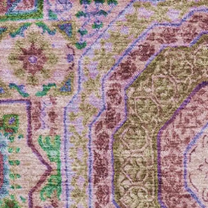 Pink Teal And Taupe Medallion Washable Area Rug With UV Protection Photo 3