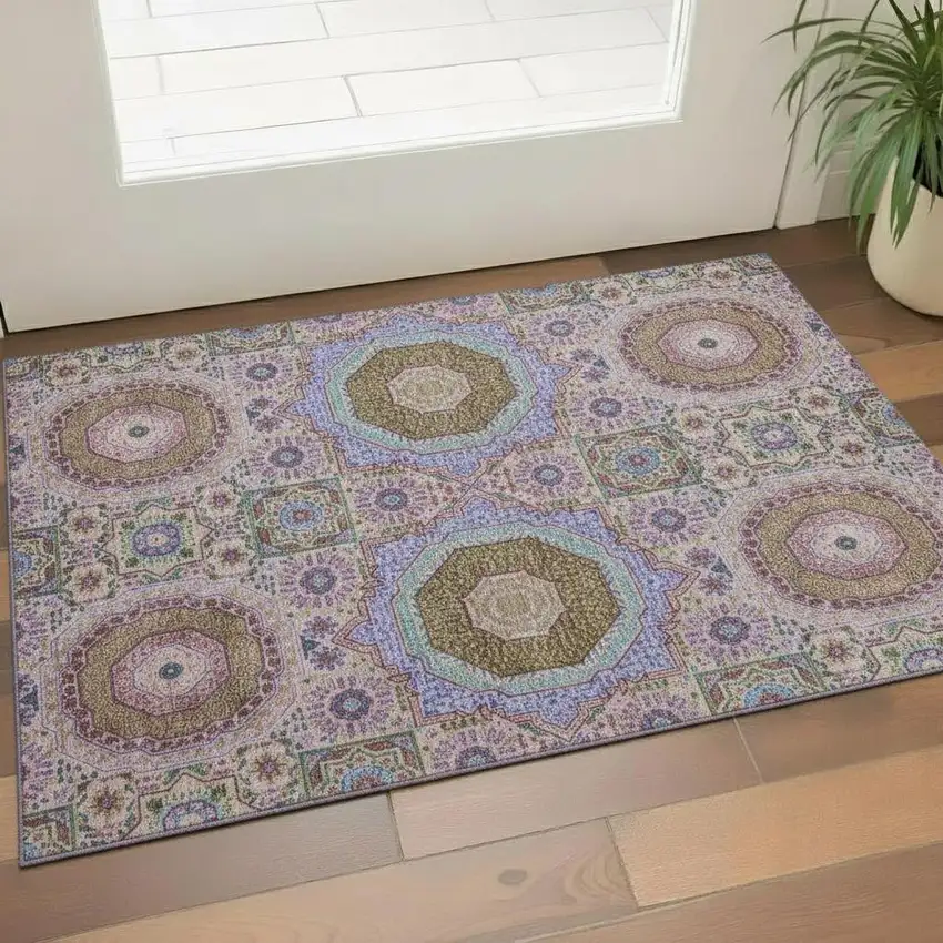 Pink Teal And Taupe Medallion Washable Area Rug With UV Protection Photo 2