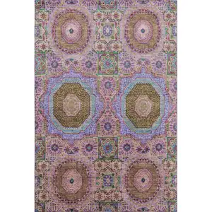 Photo of Pink Teal And Taupe Medallion Washable Area Rug With UV Protection