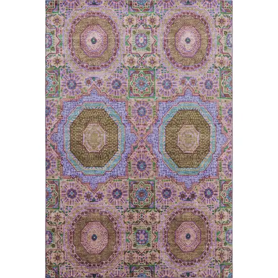 Pink Teal And Taupe Medallion Washable Area Rug With UV Protection Photo 1