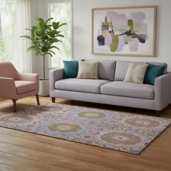 Pink Teal And Taupe Medallion Washable Area Rug With UV Protection Photo 2