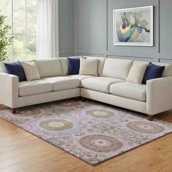 Pink Teal And Taupe Medallion Washable Area Rug With UV Protection Photo 2