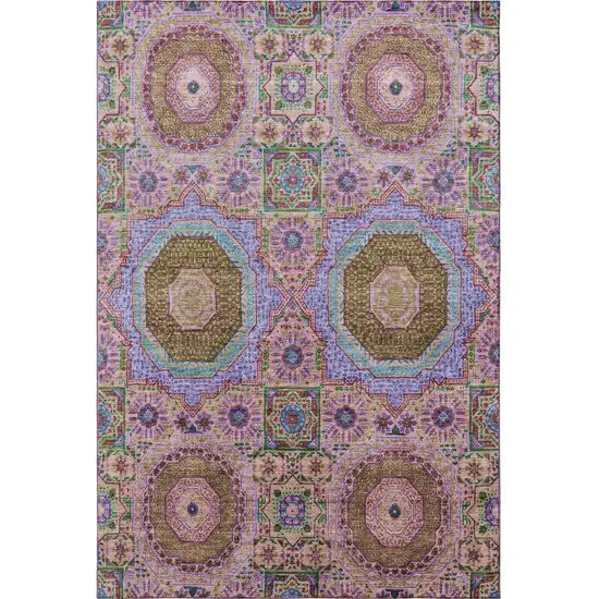 Pink Teal And Taupe Medallion Washable Area Rug With UV Protection Photo 4