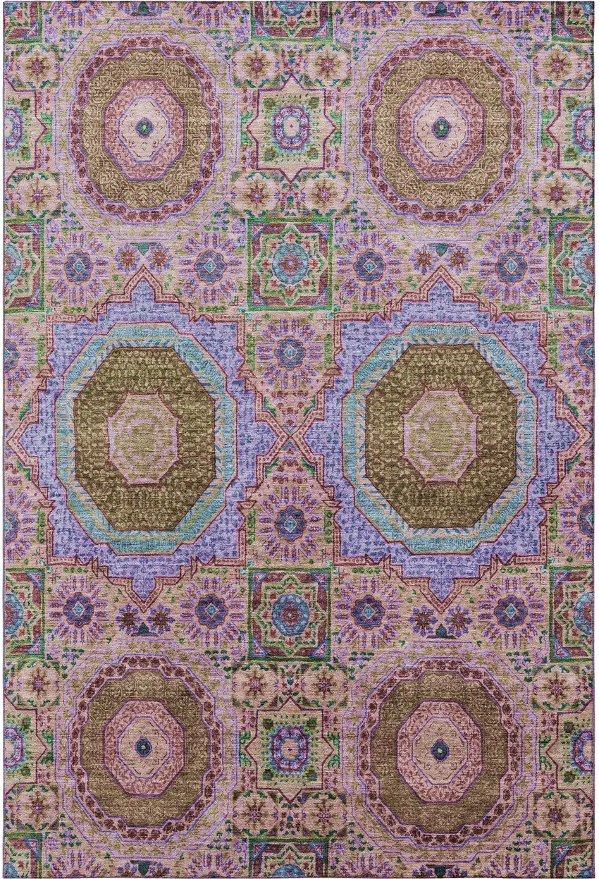 Pink Teal And Taupe Medallion Washable Area Rug With UV Protection Photo 4