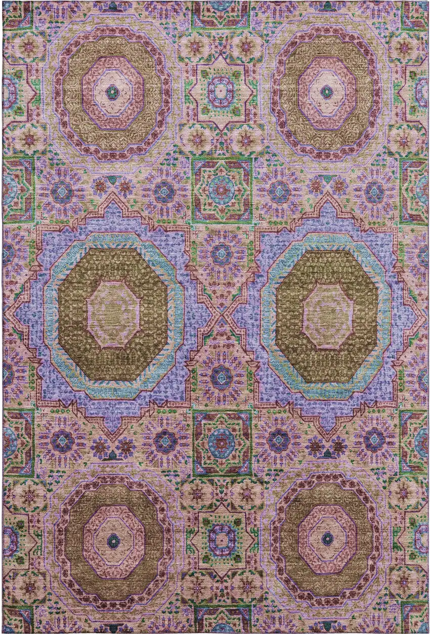 Pink Teal And Taupe Medallion Washable Area Rug With UV Protection Photo 1