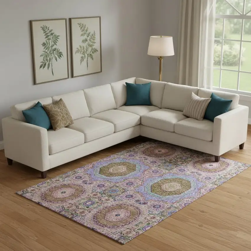 Pink Teal And Taupe Medallion Washable Area Rug With UV Protection Photo 2