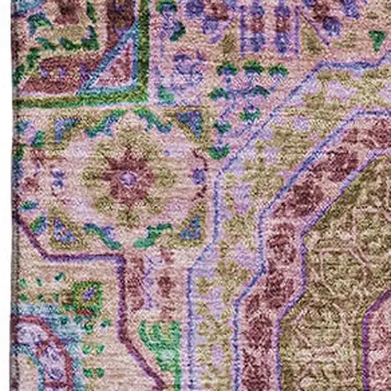 Pink Teal And Taupe Medallion Washable Area Rug With UV Protection Photo 3