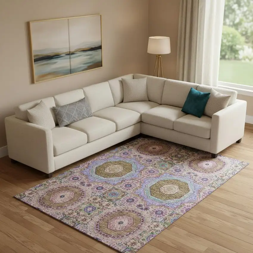 Pink Teal And Taupe Medallion Washable Area Rug With UV Protection Photo 2