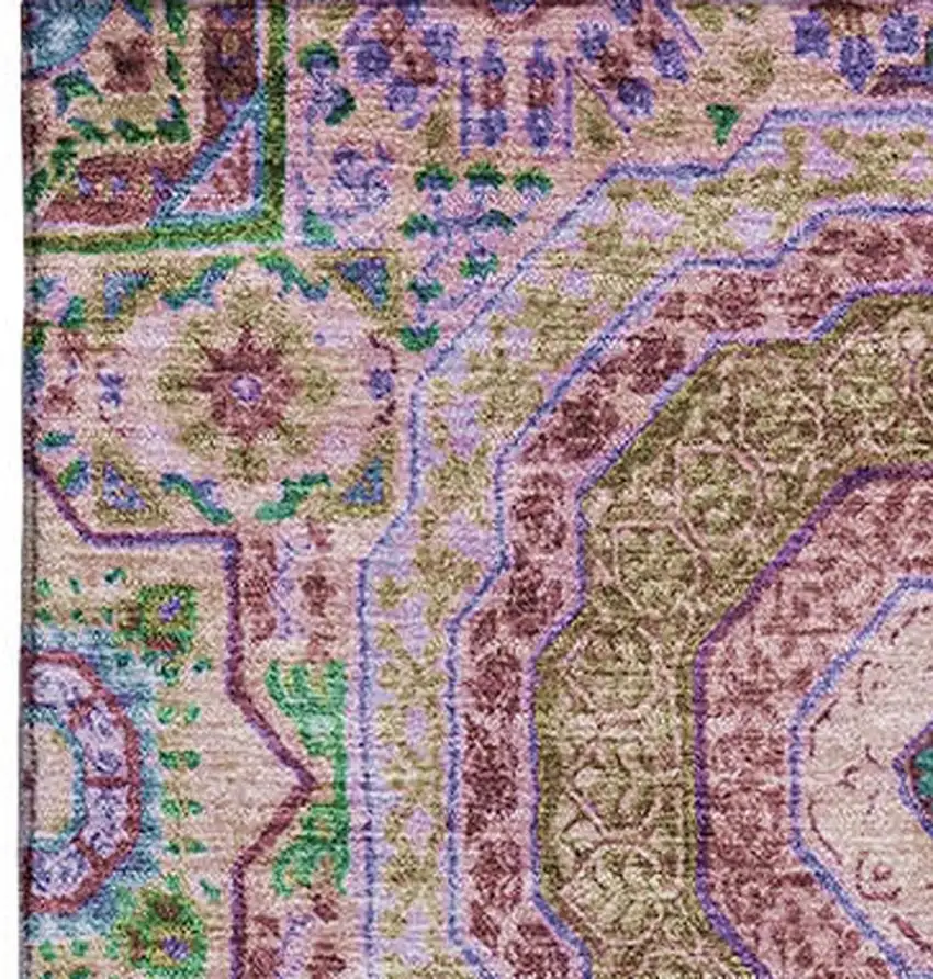 Pink Teal And Taupe Medallion Washable Area Rug With UV Protection Photo 3