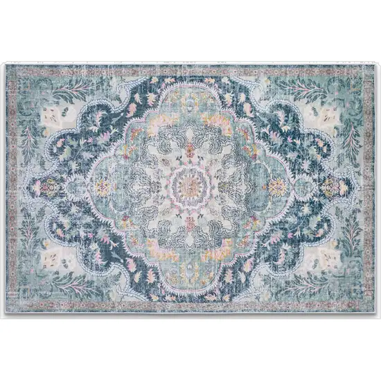 Pink Teal And White Medallion Distressed Washable Area Rug Photo 2