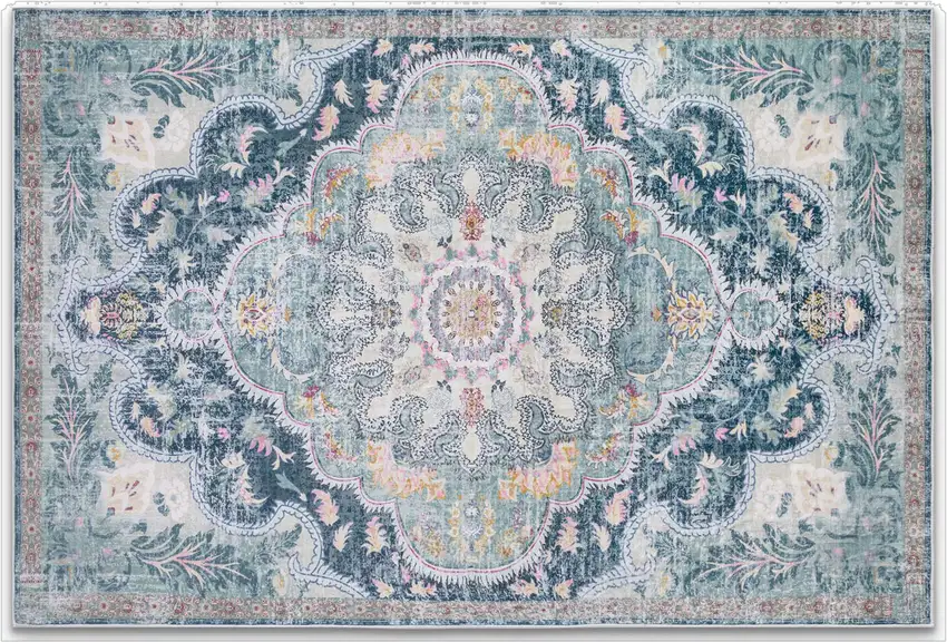 Pink Teal And White Medallion Distressed Washable Area Rug Photo 2