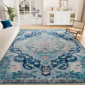 Photo of Pink Teal And White Medallion Distressed Washable Area Rug