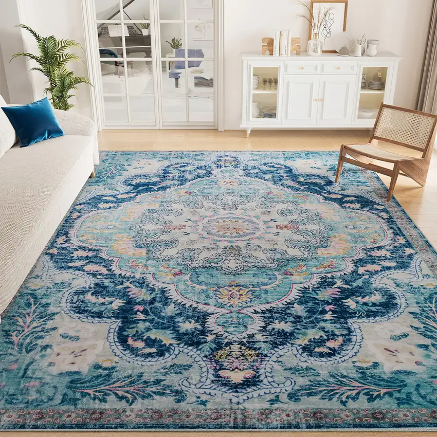 Pink Teal And White Medallion Distressed Washable Area Rug Photo 7