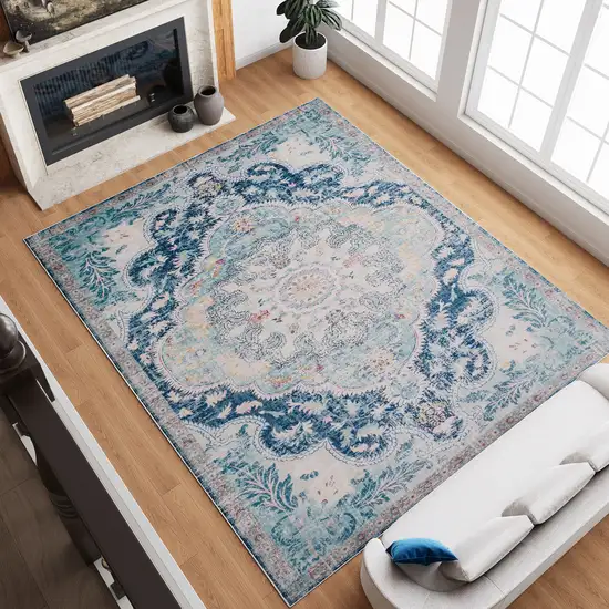 Pink Teal And White Medallion Distressed Washable Area Rug Photo 6
