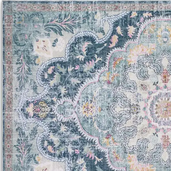 Pink Teal And White Medallion Distressed Washable Area Rug Photo 3