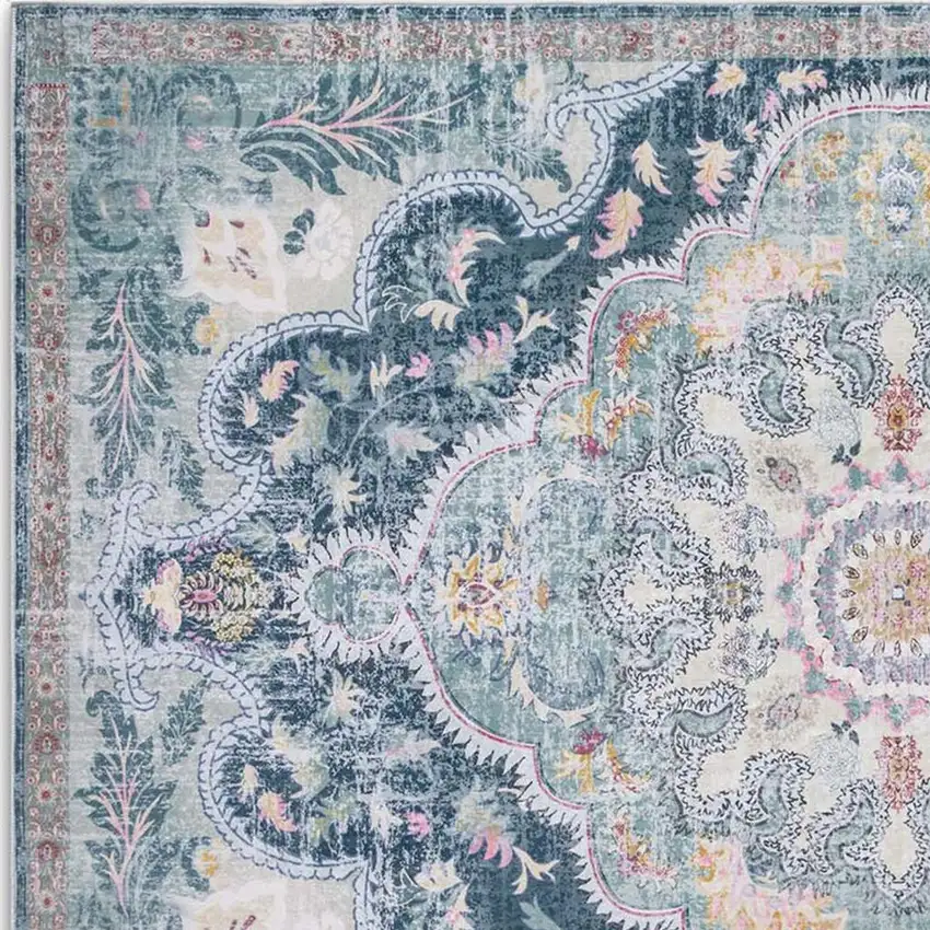Pink Teal And White Medallion Distressed Washable Area Rug Photo 3