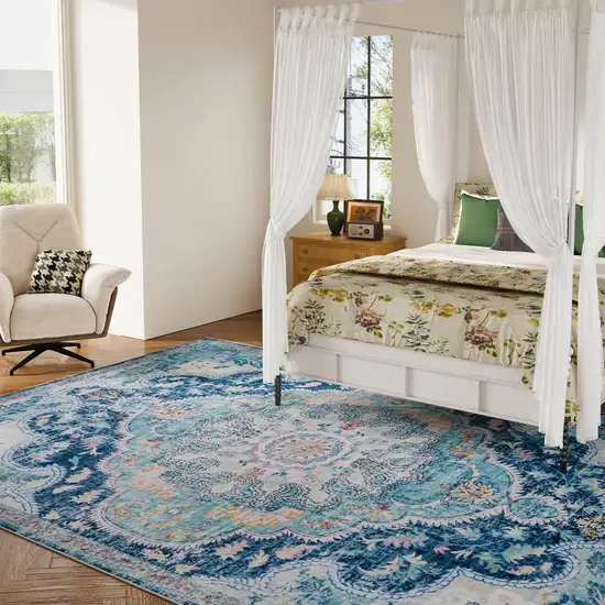 Pink Teal And White Medallion Distressed Washable Area Rug Photo 5