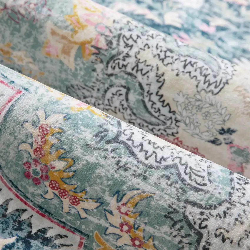 Pink Teal And White Medallion Distressed Washable Area Rug Photo 8