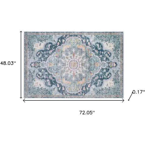 Pink Teal And White Medallion Distressed Washable Area Rug Photo 9