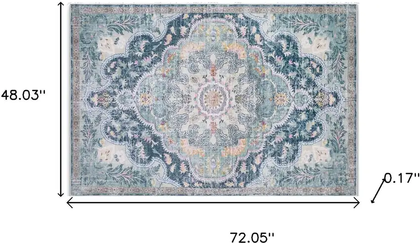 Pink Teal And White Medallion Distressed Washable Area Rug Photo 9