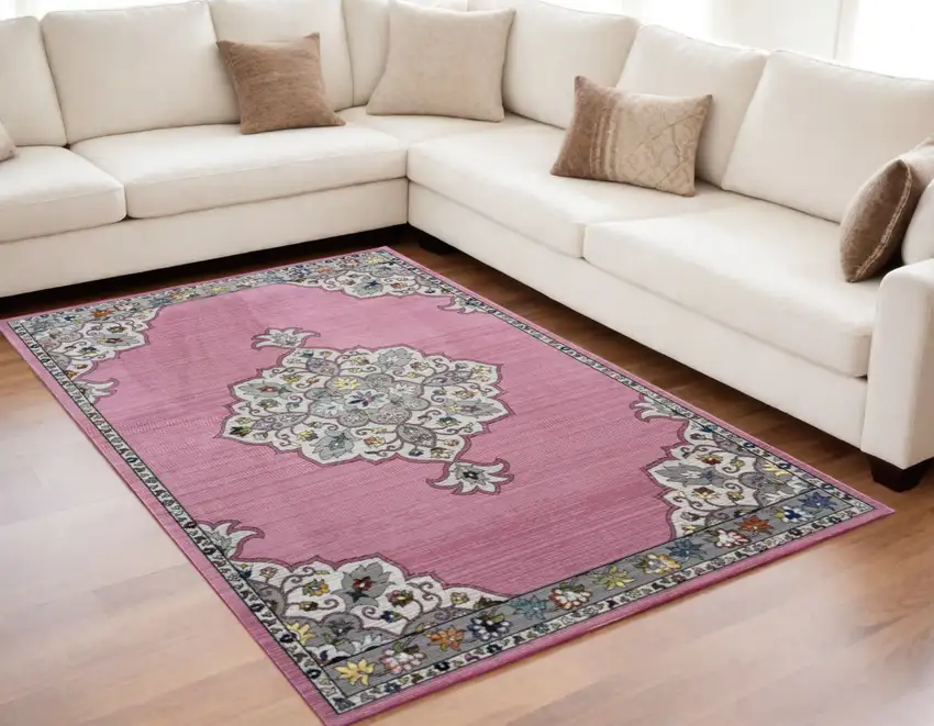 Pink Traditional Medallion Area Rug Photo 2
