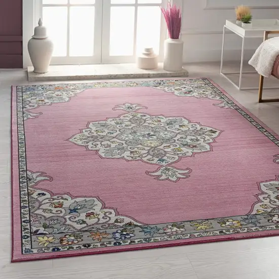 Pink Traditional Medallion Area Rug Photo 7