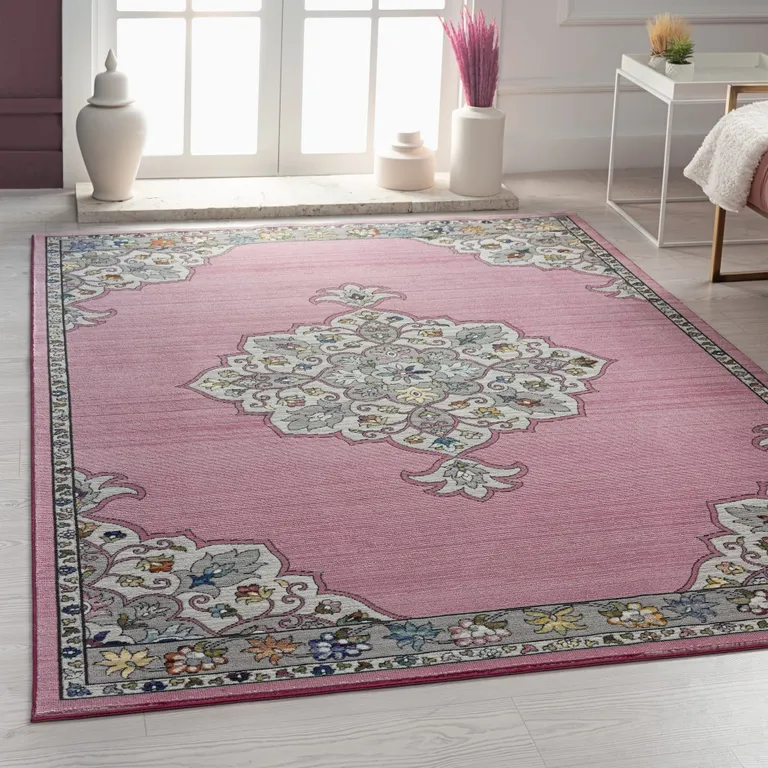 Pink Traditional Medallion Area Rug Photo 2