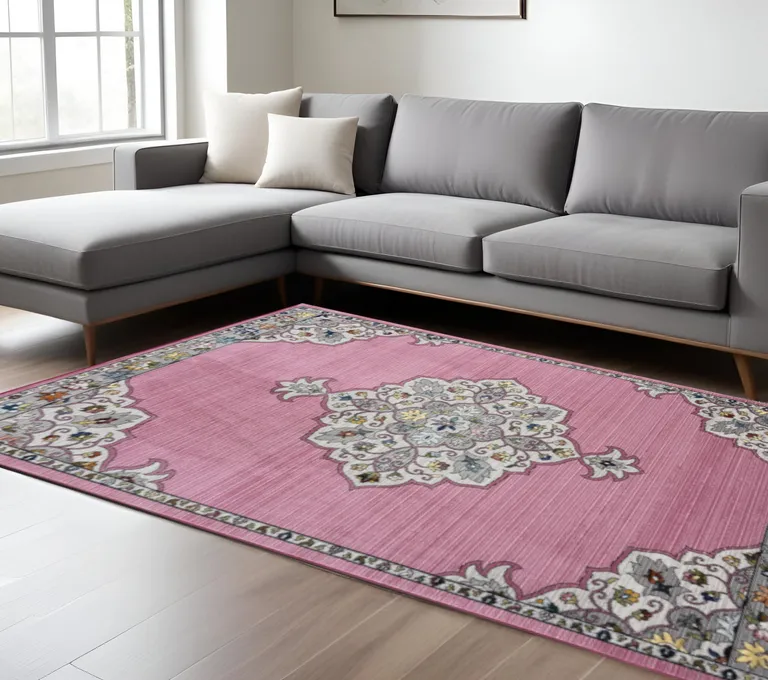 Pink Traditional Medallion Area Rug Photo 4