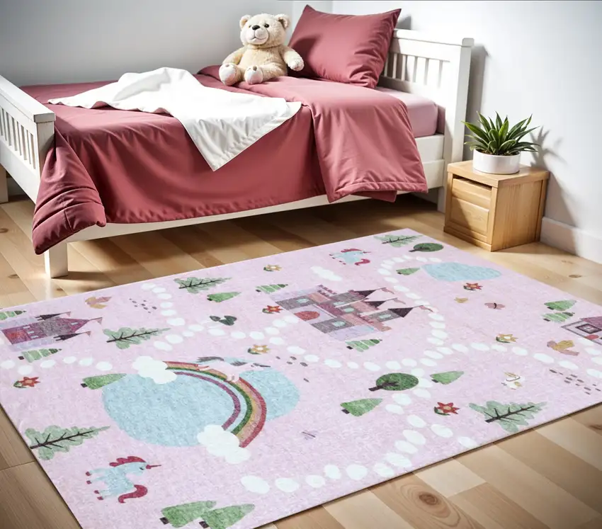 Pink White and Blue Juvenile Castle and Rainbow Youthful Area Rug Photo 2