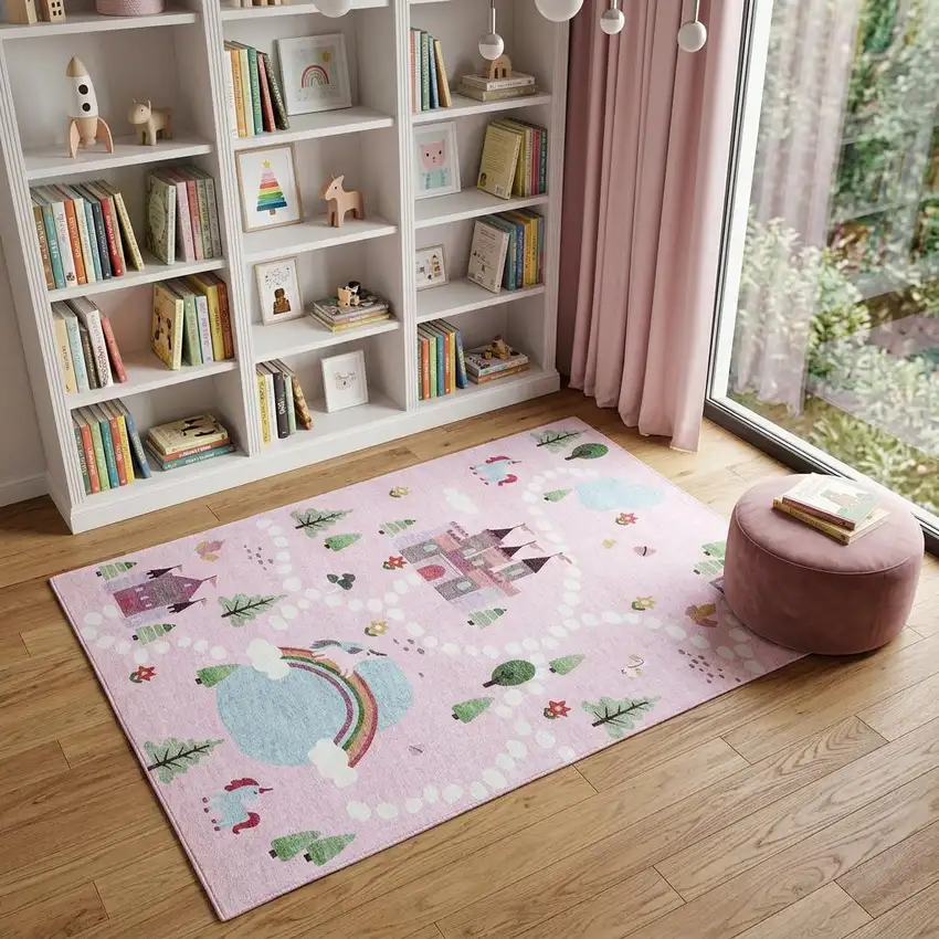 Pink White and Blue Juvenile Castle and Rainbow Youthful Area Rug Photo 1