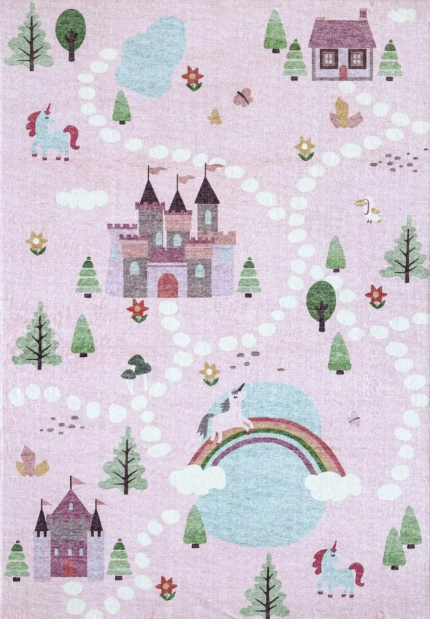 Pink White and Blue Juvenile Castle and Rainbow Youthful Area Rug Photo 2