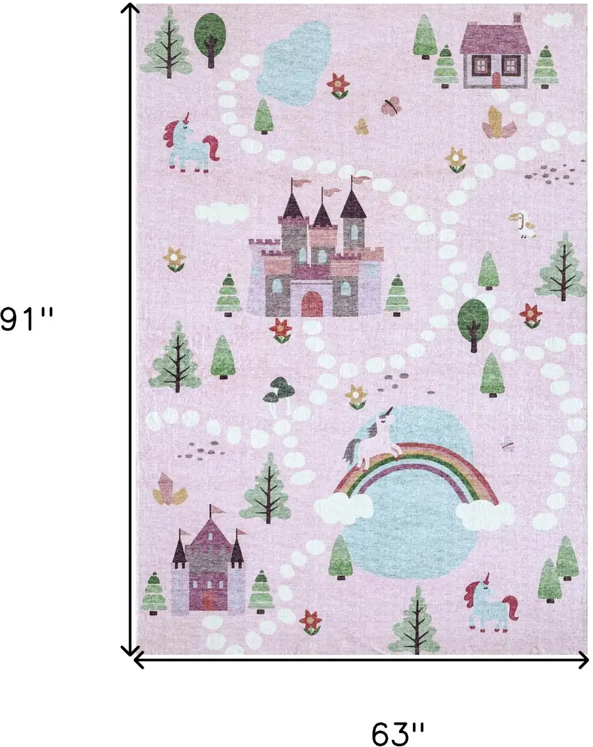 Pink White and Blue Juvenile Castle and Rainbow Youthful Area Rug Photo 6