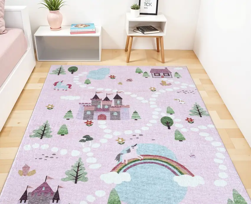 Pink White and Blue Juvenile Castle and Rainbow Youthful Area Rug Photo 3