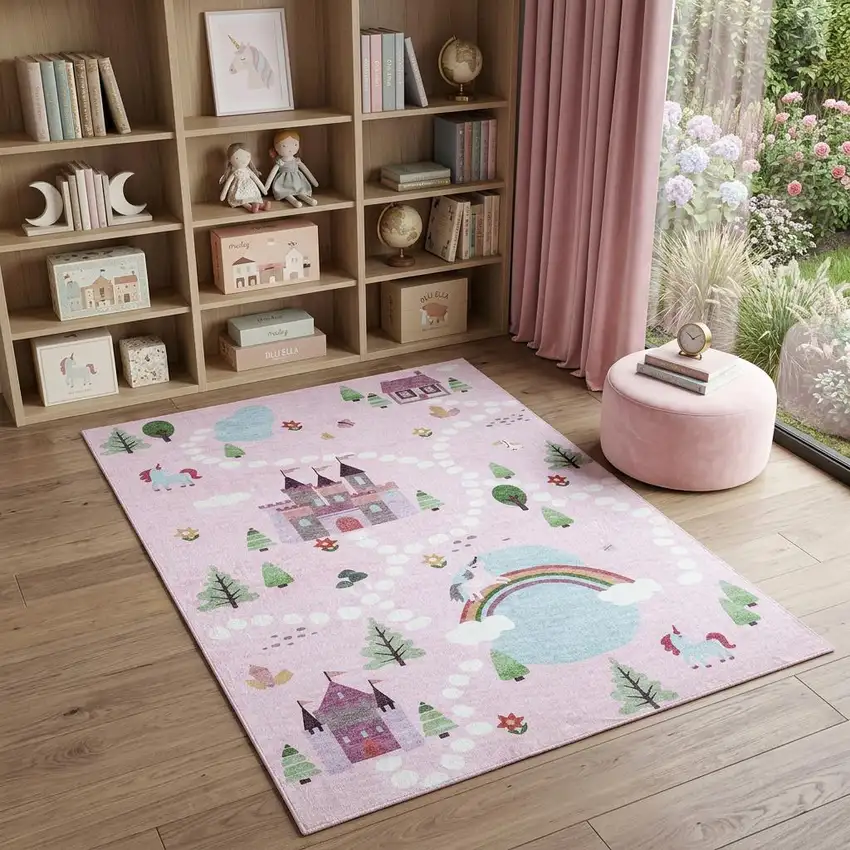 Pink White and Blue Juvenile Castle and Rainbow Youthful Area Rug Photo 1