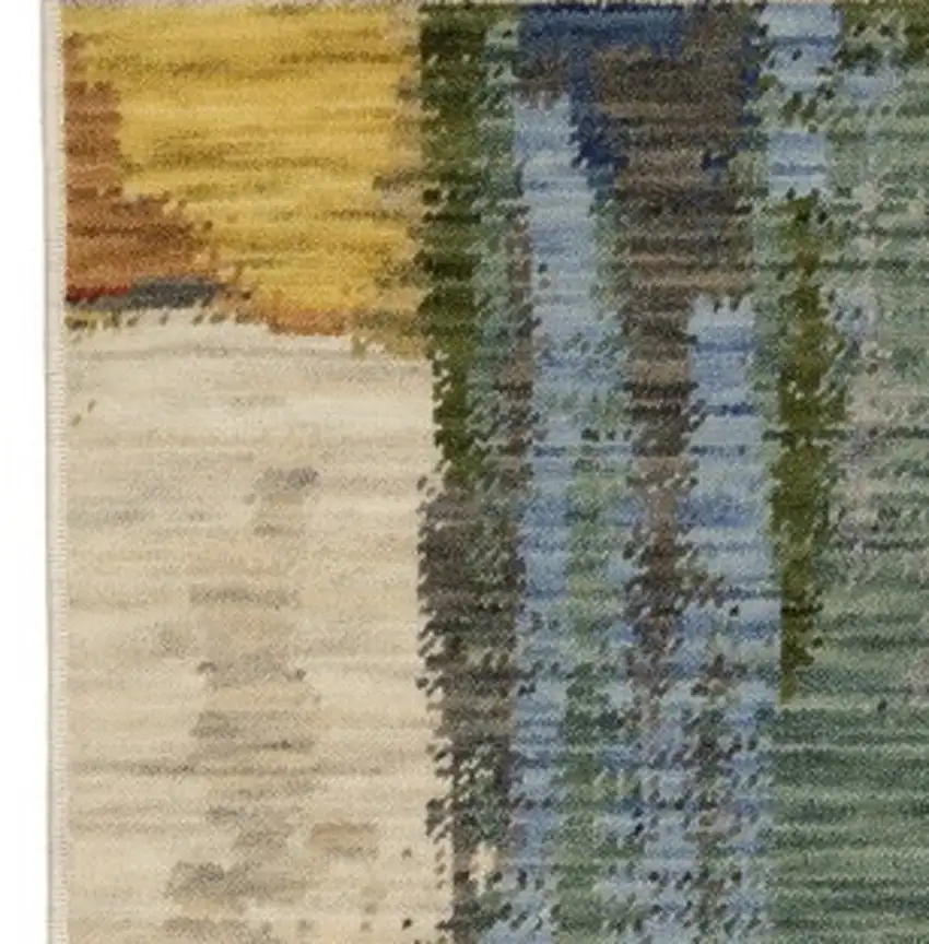 Pink Yellow And Dark Blue Abstract Area Rug With Fringe Photo 8