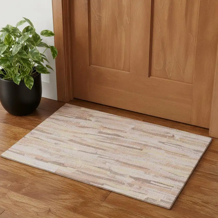 Pink Yellow And Peach Striped Washable Area Rug With UV Protection Photo 1