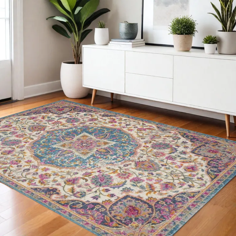 Pink and Blue Floral Medallion Area Rug Photo 2