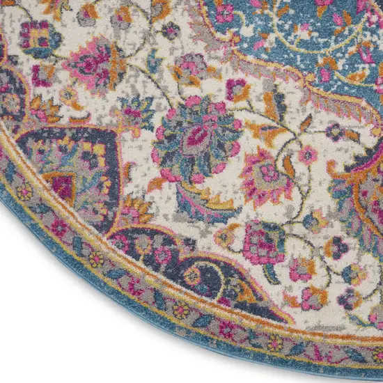 4' Ivory And Blue Medallion Round Rug Photo 9